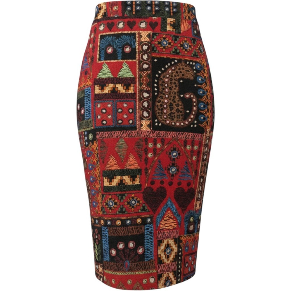 Farm Rio Anthropologie Patchwork Leopard Midi Skirt Red Multi S Boho Tribal